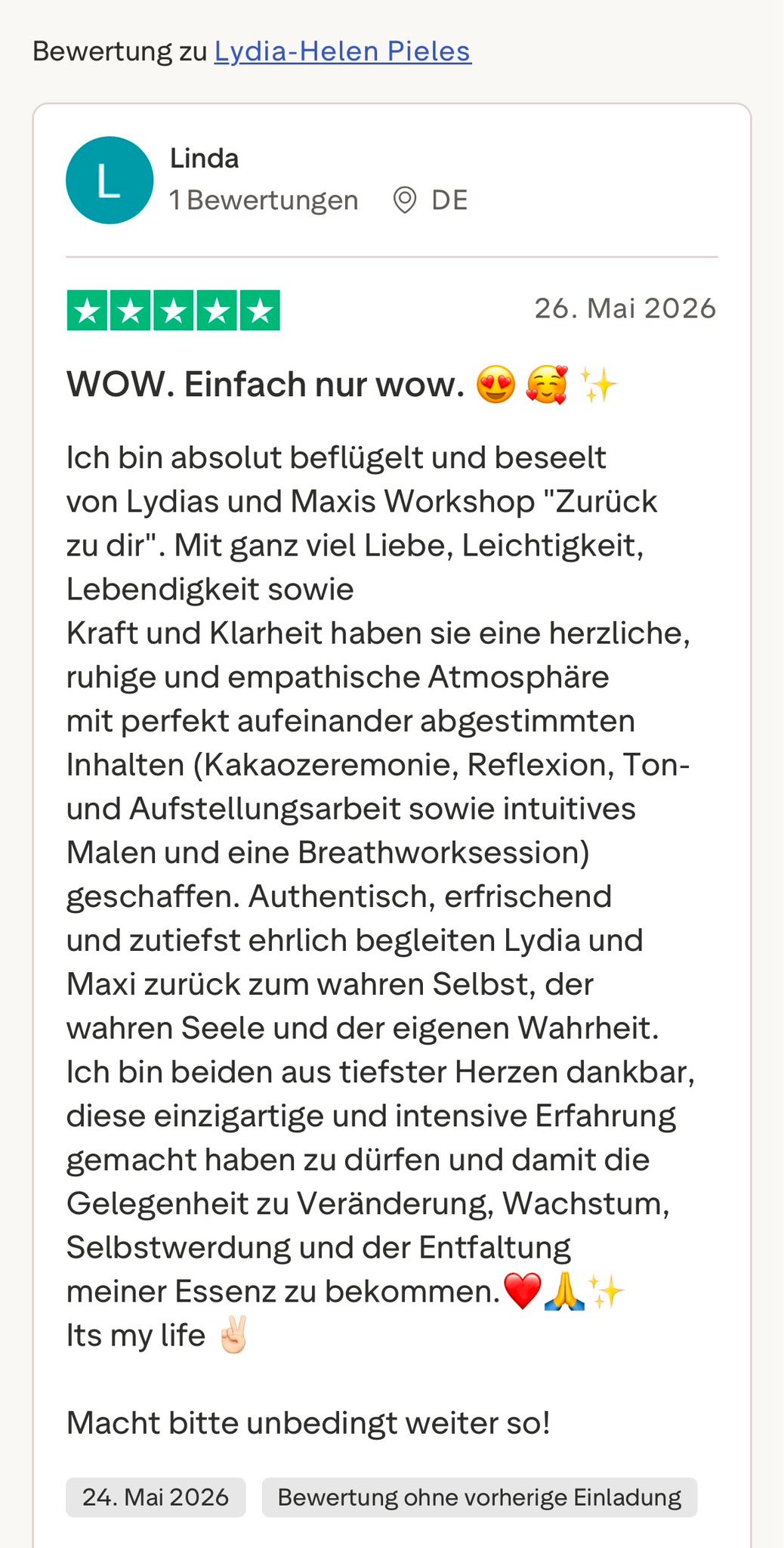 Bewertung zum Workshop "Zurück zu dir"