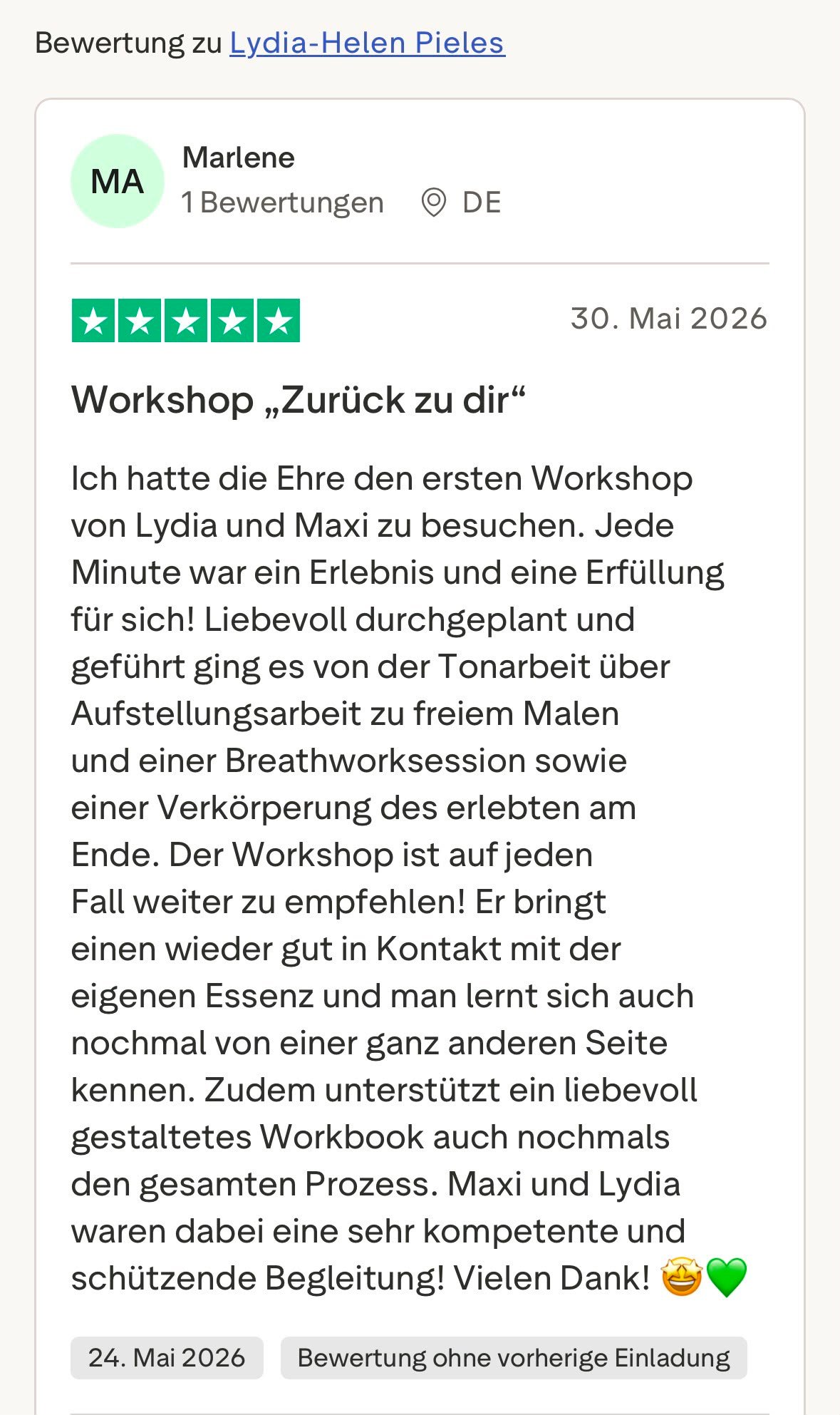 Bewertung zum Workshop "Zurück zu dir"